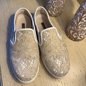 Dolce & Gabbana White Leather Tan Lace Slip On Loafers Shoes